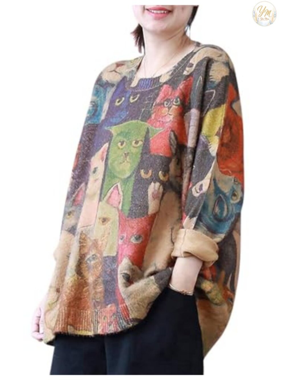 Graphic Printed Oversized Pullover Sweater with Cute Cat Design